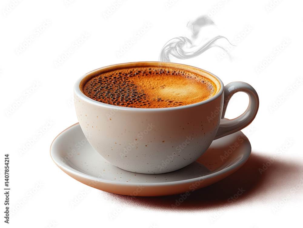 Obraz premium A white ceramic coffee cup filled with hot espresso, steam rising elegantly, high-detail photography style, white background