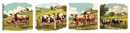 cows on meadow set. cow color engraving, village agriculture farm milk summer landscape vector illustration