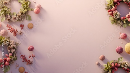Easter decoration chick ornaments festive banners. Botanical Wreaths and Decorative Sphere Ornaments Gracefully Arranged on a Soft Pink Surface.