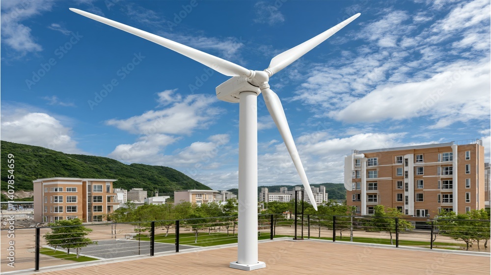 Compact wind turbine in small town setting, mounted on a sleek black pole, microgeneration solution