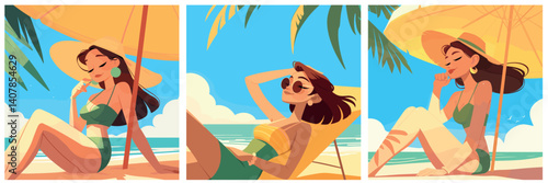 girls sunbathing background set. woman brunette in green swimsuit on beach under yellow umbrella, palm sea vacation hot summer holiday cartoon travel vector illustration