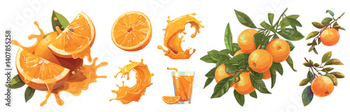 oranges cartoon set. orange juice, fresh squeezed citrus tropical orange drink vitamins branch slice glass splashes vector illustration