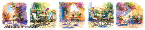 summer blooming veranda watercolor. street table chairs flowers painting set, rest vacation travel yellow walls pink red flower greece landscape cafe restaurant romantic cozy warm postcard drawing