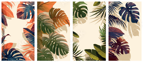 tropical leaves background. tropics frame cartoon set, monstera banana palm leaf blue orange green beige vertical summer vacation vector illustration