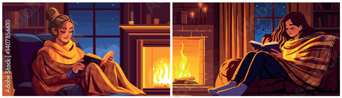 woman reading. girl with book near fireplace cartoon, checkered blanket books literature night window fire armchair warmth comfort home vector illustration
