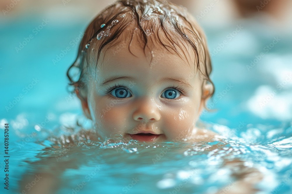 Adorable baby girl enjoying her time swimming in a pool, her wet hair and captivating blue eyes adding to her charm Adorable baby girl enjoying her time swimming in a pool, her wet hair and captivating blue eyes adding to her charm
