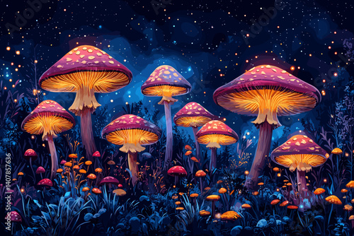 Fantasy vector illustration of glowing mushrooms in a magical night forest, surrounded by flowers and sparkles under a starry sky, with vivid colors and whimsical atmosphere