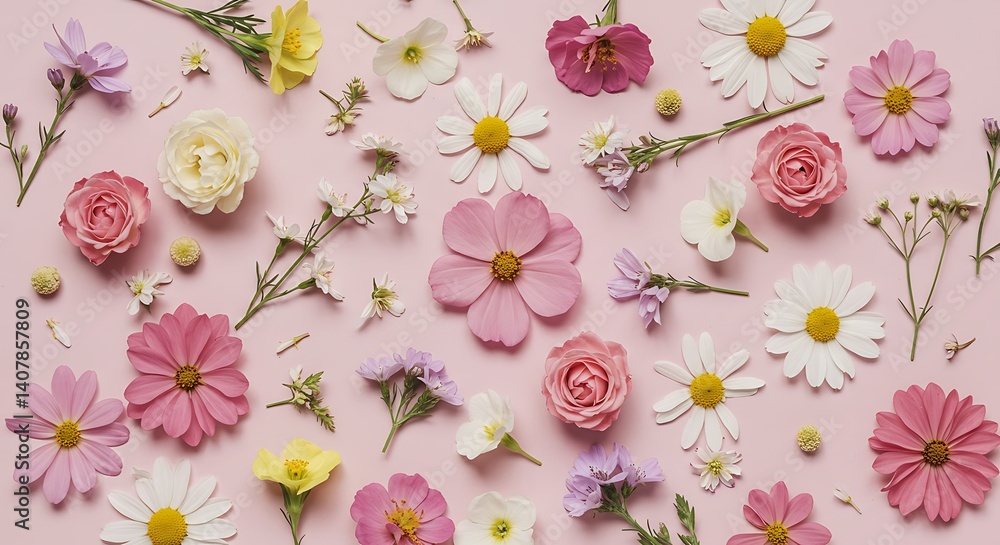 Pastel Bloom: Delicate Floral Flatlay AI Generated Pastel Bloom: Delicate Floral Flatlay AI Generated