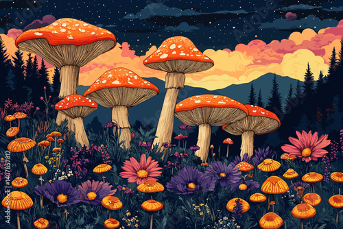 Fantasy illustration of large red mushrooms and wildflowers in a magical forest at twilight, with mountains and starry sky in the background, creating a dreamy and colorful scene