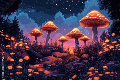 Fantasy night illustration of glowing orange mushrooms in a magical forest, surrounded by flowers, rocks, and a starry sky with dreamy lighting and vibrant colors