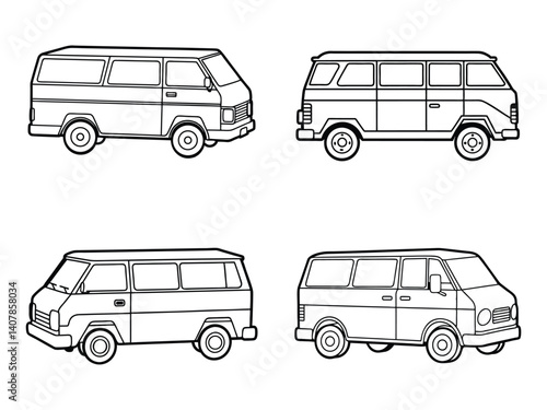 Four Outline Drawings of Classic Vans for Coloring
