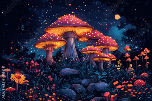 Fantasy night illustration of glowing mushrooms in a magical forest, surrounded by rocks, flowers, and fireflies under a starry sky with a glowing moon