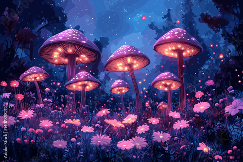 Fantasy illustration of glowing mushrooms in a magical forest at night, surrounded by flowers and sparkling fireflies under a dreamy blue and purple atmosphere