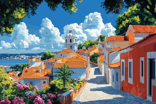 Sunny illustration of a charming Portuguese village with white houses, red rooftops, lush flowers, palm trees, and sea view under a bright blue sky with fluffy clouds