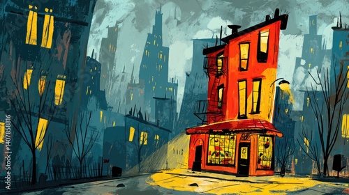 Urban nocturne cityscape, featuring a vibrant red building.