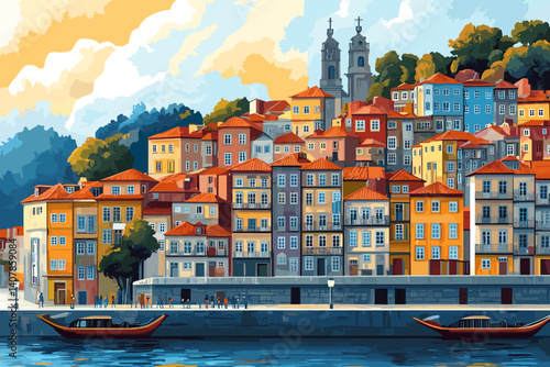 Porto city illustration. Illustration of a colorful Portuguese riverside city with traditional buildings, red rooftops, boats on the water, and hills in the background under a bright sky