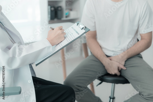 Bild auf Leinwand A young man visits his doctor for a urinary tract infection and enlarged prostate