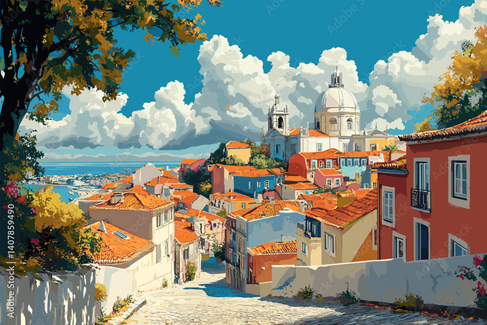 Obraz premium Scenic illustration of a traditional Portuguese hillside town with red rooftops, narrow streets, and ocean view under a vibrant blue sky with dramatic clouds