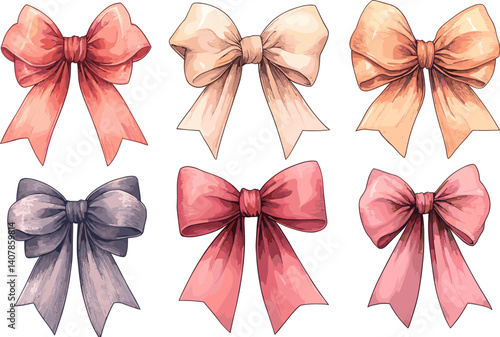 Set of elegant decorative bows in soft pastel and warm tones, isolated on white background