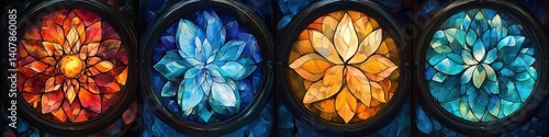 Blue Teal Circular Stained Glass Designs Collection with Geometric Patterns and Art Nouveau Style
