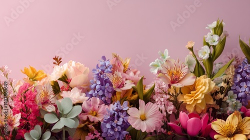 Easter decoration chick ornaments festive banners. Delicate Flower Bed Arrangement on Soft Background Surface for Wallpaper and Invitation Design.