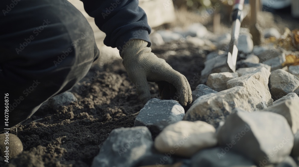 Obraz premium Mason laying stones for a decorative garden wall. Featuring precision and landscaping