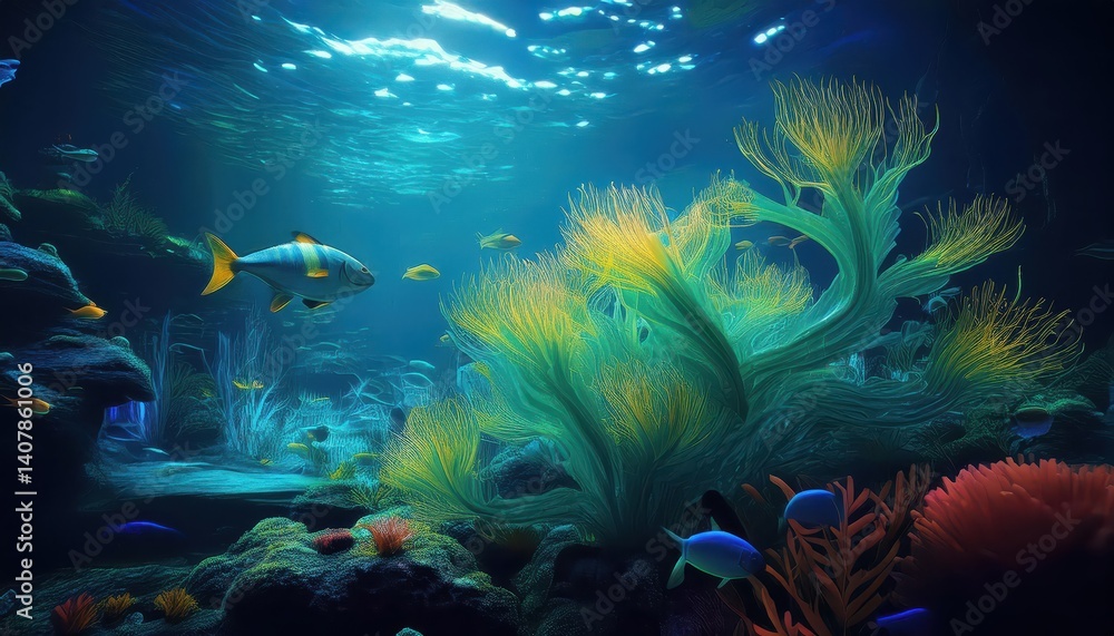 Fototapeta premium Vibrant Bioluminescent Coral Reef Glowing under the Deep Sea, Illuminating a School of Colorful Fish Swimming in an Aquarium, Capturing the Magical Mystery of the Ocean Depths.