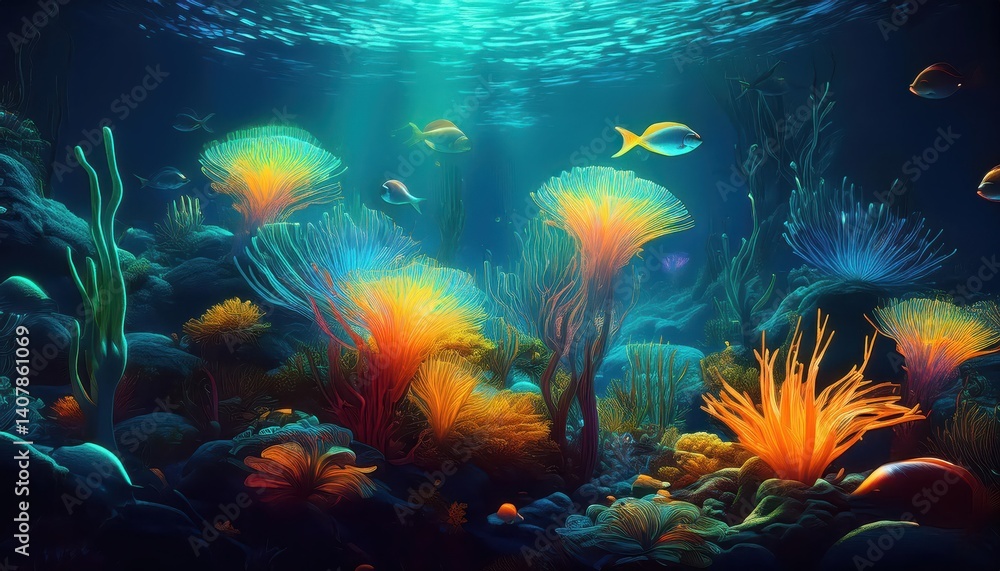 Naklejka premium Bioluminescent Algae Glowing among Underwater Fish in a Luminous Aquarium Reef, Capturing the Mystique of an Enchanted Nighttime Ocean, Providing a Glimpse into the Depths of the Deep Sea.