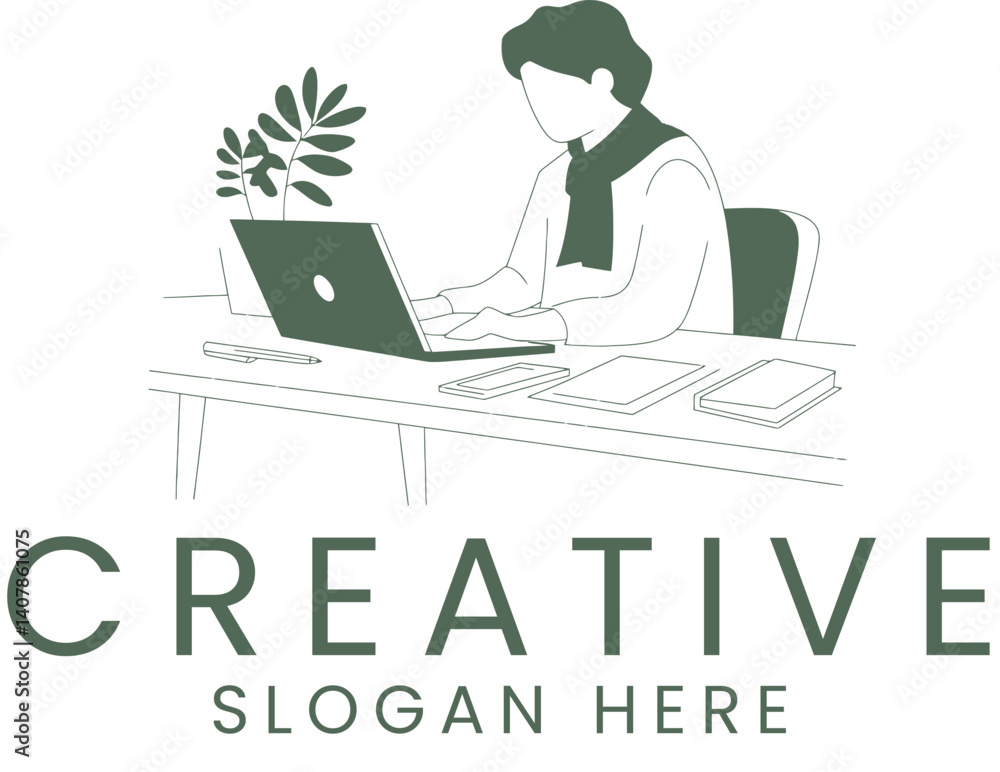 Elegant Minimalist Person Working Laptop Desk Design art line home calm clean style study Elegant Minimalist Person Working Laptop Desk Design art line home calm clean style study