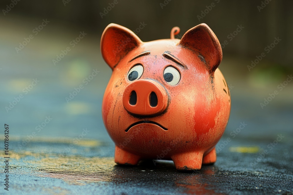 Fototapeta premium Sad orange piggy bank showing economic crisis, bankruptcy and lack of investment