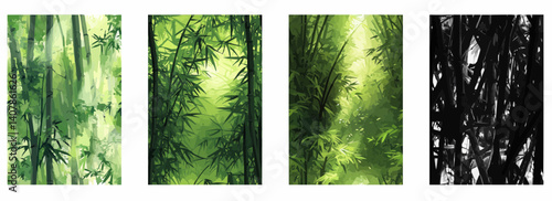 Vector pattern set of bamboo grove with shafts of light on a green background