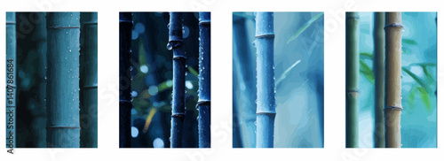 Vector pattern set of subtle blue bamboo stalks with raindrops background