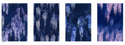 Vector pattern set of cascading wisteria trees on a midnight blue background