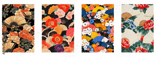 Vector pattern set of modern folding fans and peonies on a white background
