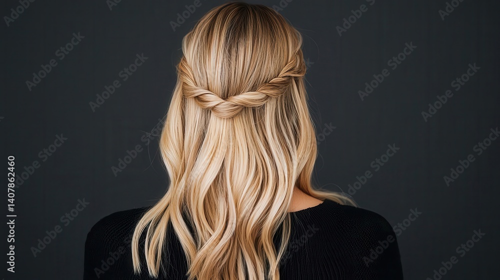 Naklejka premium Honey blonde waves styled in a halfup braided twist, glowing in natural salon light, stunning blonde, romantic flair
