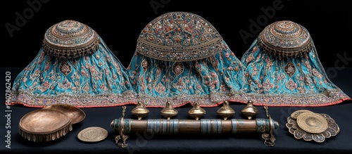 Ornate headwear and ceremonial objects, possibly ceremonial, displayed on dark background