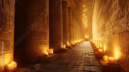Ancient Egyptian Temple Corridor Illuminated by Candles A Mystical and Serene Atmosphere