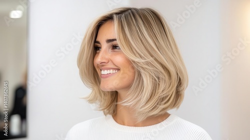 Icy blonde lob with subtle feathered layers, glowing under soft lights, stunning blonde, refined salon simplicity