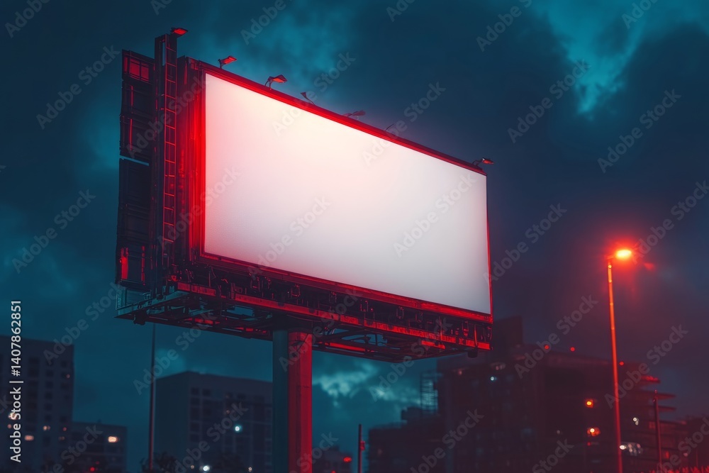 Empty billboard glowing at night with dramatic clouds and city lights, perfect for advertising and marketing campaigns Empty billboard glowing at night with dramatic clouds and city lights, perfect for advertising and marketing campaigns