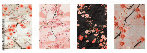 Vector pattern set of elegant kimono fabric texture with sakura embroidery background