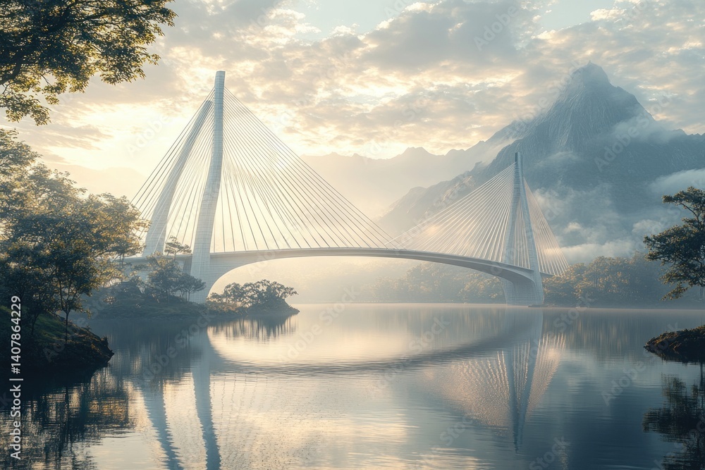 Fototapeta premium Modern Cable-Stayed Bridge Over Columbia River in Tri-Cities Washington State