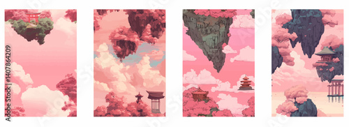 Vector pattern set of a floating island with a hidden Shinto shrine surrounded by pink background