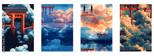 Vector pattern set of a floating torii gate surrounded by pixel clouds background