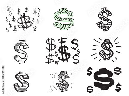 Hand drawn dollar icon, USA currency sign, usd coin symbol, dollars ink drawing, price vector illustration