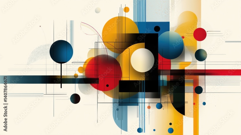 Abstract geometric shapes composition with dynamic lines and circles, against a light background Abstract geometric shapes composition with dynamic lines and circles, against a light background
