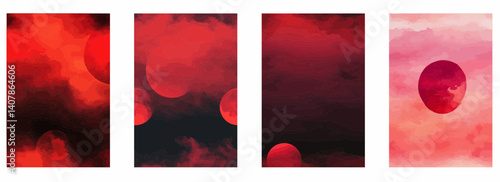 Vector pattern set of a glowing red sun with faint mist background