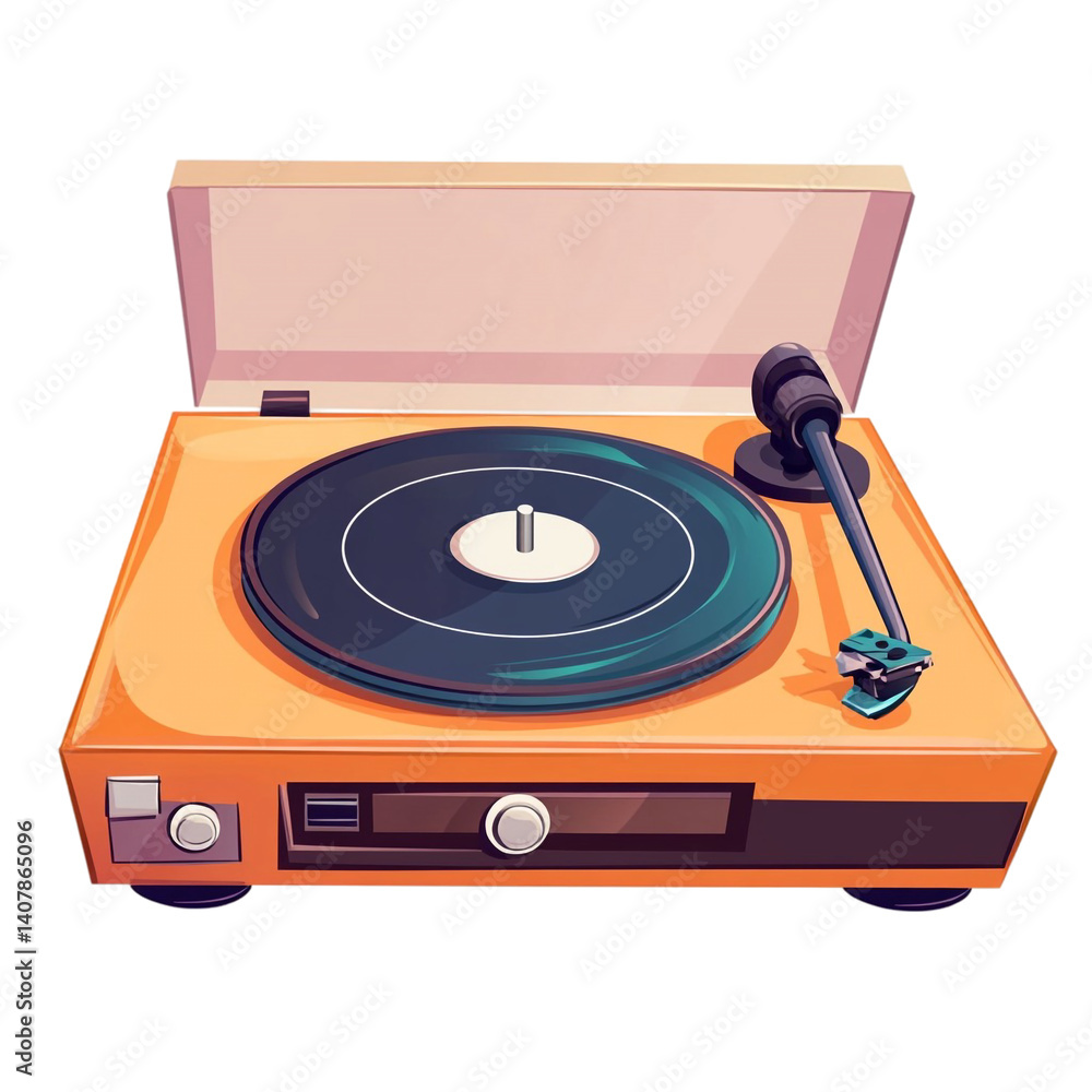 Fototapeta premium Orange vintage record player with black vinyl spinning ready to play music