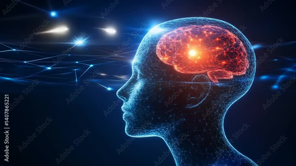 3D rendered illustration of a human head with highlighted brain activity. Neural pathways and energetic glowing activity surround the brain 3D rendered illustration of a human head with highlighted brain activity. Neural pathways and energetic glowing activity surround the brain