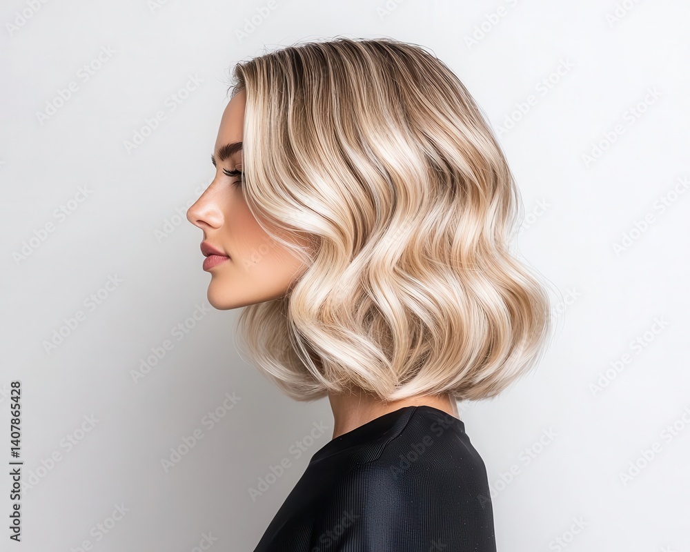 Naklejka premium Cool blonde balayage with seamless gradient from roots to tips, stunning blonde, modern salon blending