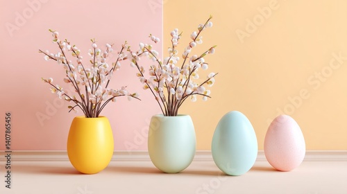 Easter decoration chick ornaments festive banners. Easter Eggs and Floral Arrangements on Table With Colorful Background Minimalist Festive Display.